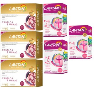 Kit 3 Lavitan Hair Cabelos E Unha  com Biotina Cimed 60 Cápsulas + 3 Lavitan Mulher c/60 Legítimo