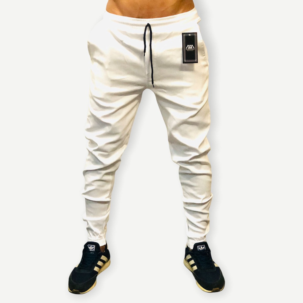 calça masculina jogger branca e preta jeans fake tecido bengaline com elastano premium