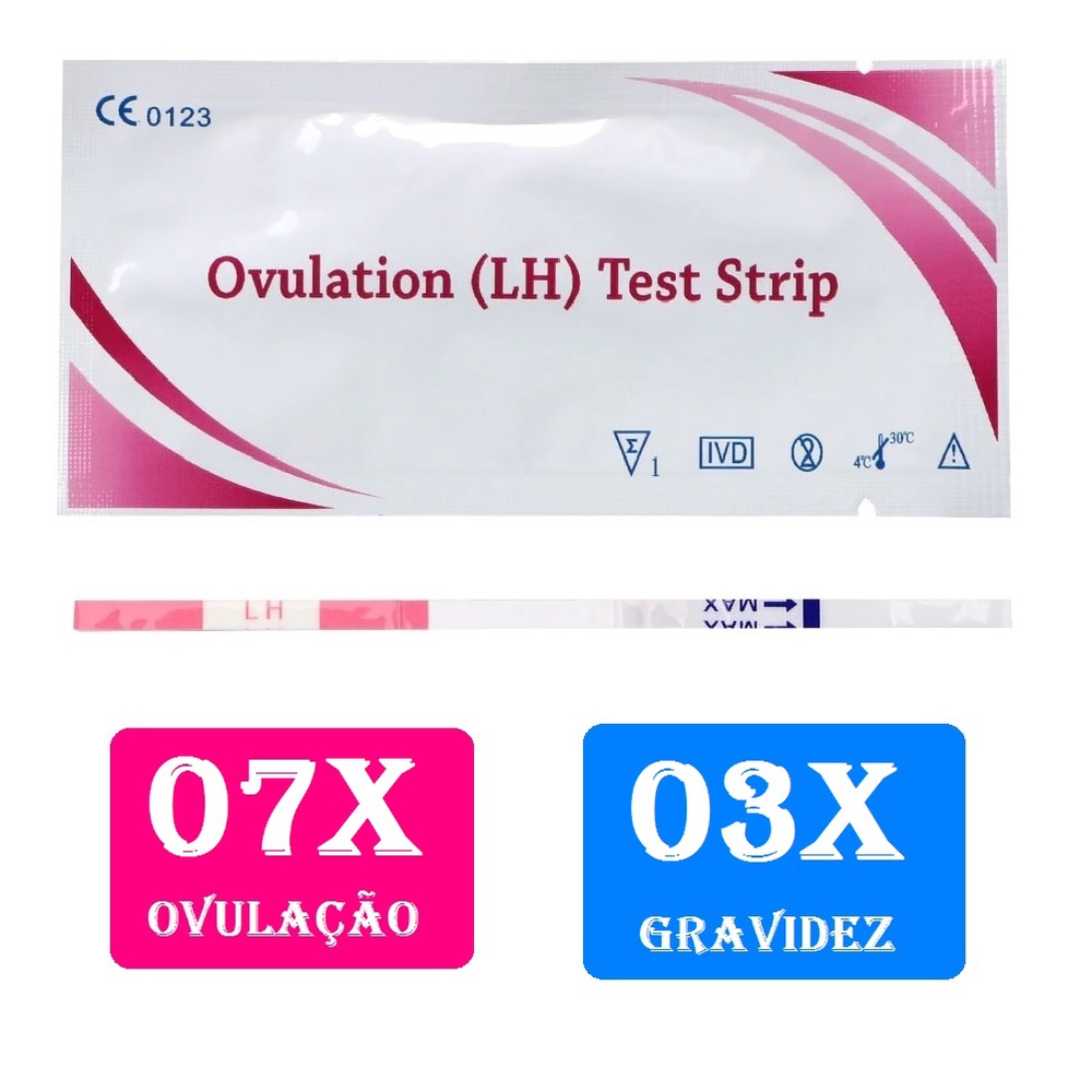 7 testes de ovulação tira rosa + 3 testes de gravidez sensibilidade 10mIU/ml