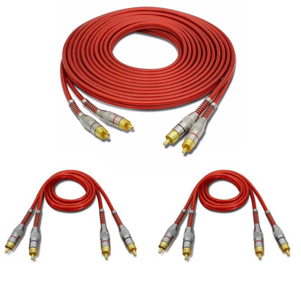 Kit 1 Cabo Rca De 5 Metros + 2 Cabos 1 Metro Blindado Tech One Svart Dupla Blindagem Som Automotivo
