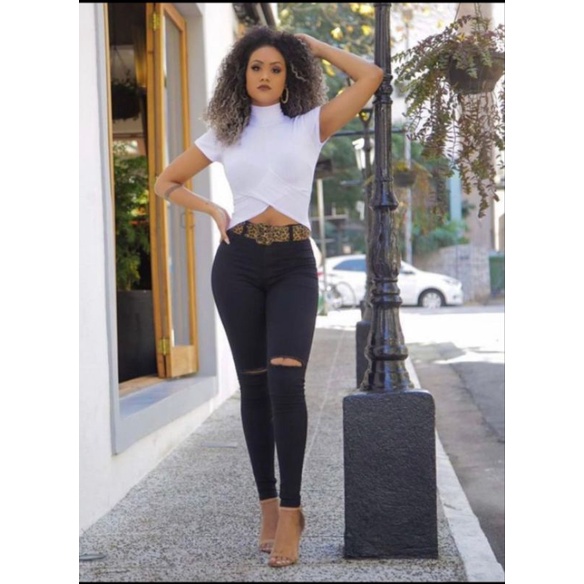 calça preta rasgado no joelho com lycra tamanho 36 ao 56 plus size wissam jeans
