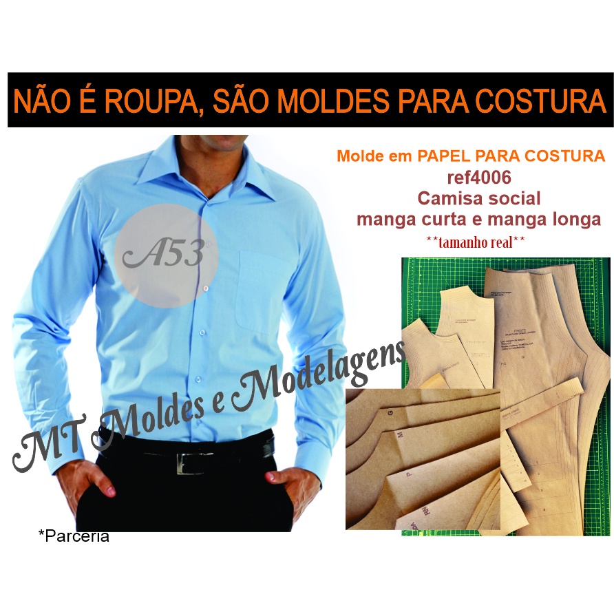 MOLDE PARA COSTURA camisa social masculina manga curta e manga longa 80g