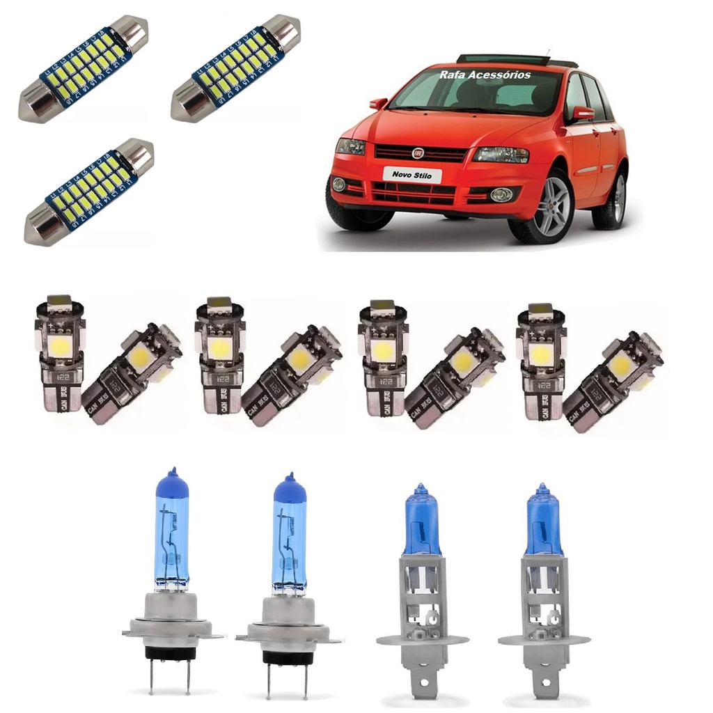 Kit Lampada Super Branca farol e Leds Canbus Fiat Stilo