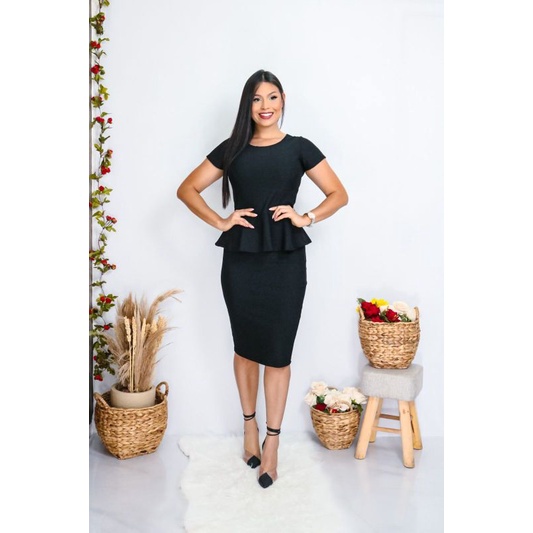 Conjunto Saia Lápis Midi e Blusa Manga Curta Peplum Moda Evangélica Social Preto