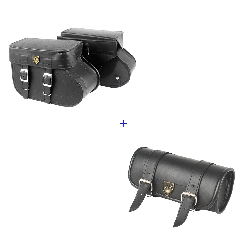 Kit Viagem Alforge Lateral Botinha 18 Litros Couro Sintetico Liso + Alforge Frontal Porta Ferramentas e Objetos 1,5 Litros Couro Sintético Liso