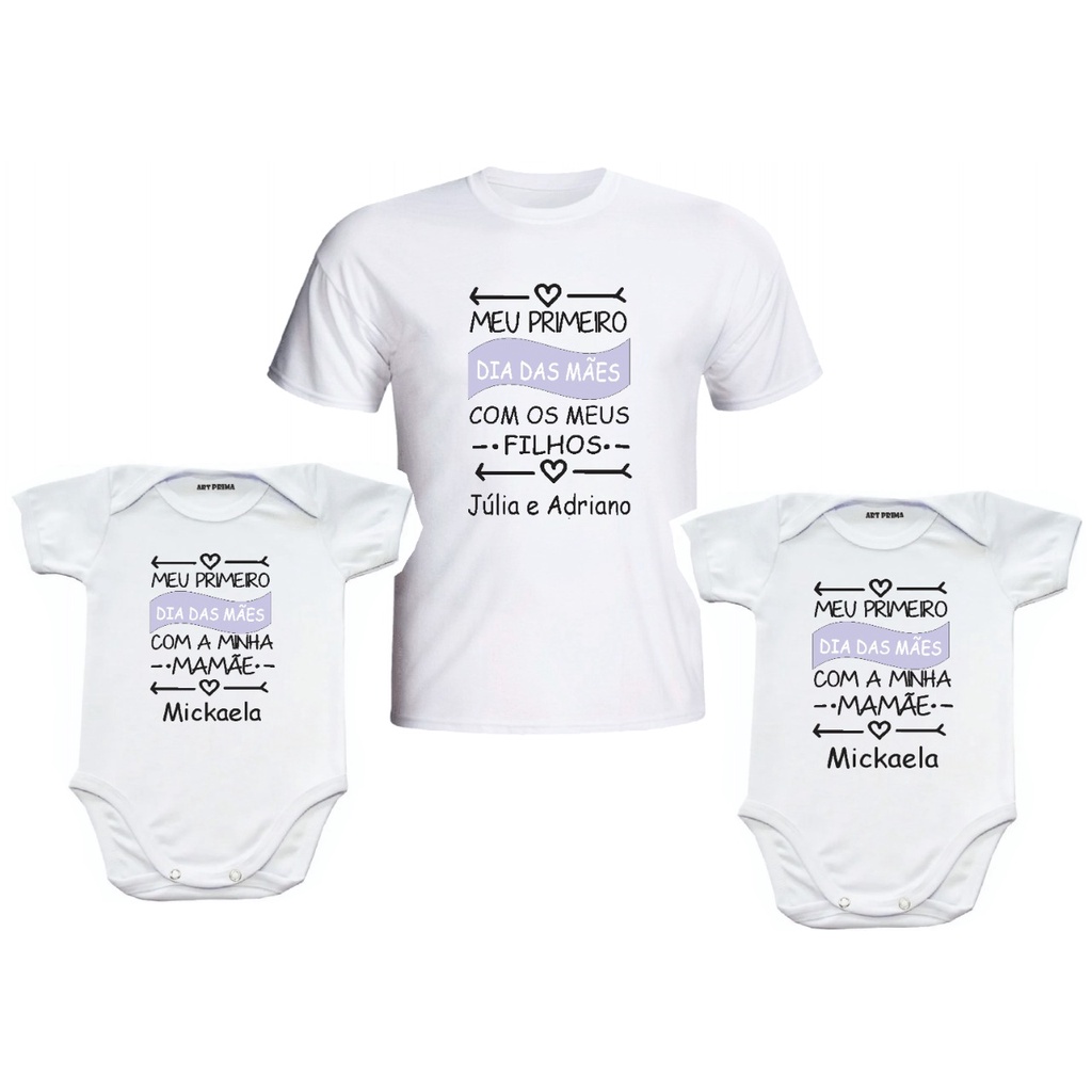 Kit Dia da Mães Camiseta E 2 Body Meu Primeiro Dia Das Mães Mãe De Gêmeos