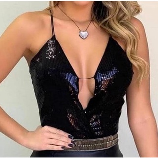 body bori blusa feminina com brilho paete alça trancada decotado