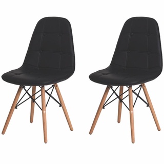 Kit 2 Cadeiras Para Mesa De Jantar Estofada Charles Eames Eiffel Botone Preta Base Madeira Wood