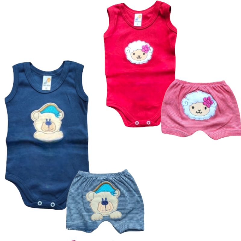 Conjunto Body Regata Com Aplicação + Short Listrado Com Aplicação Para Bebê Em Algodão Masculino E Feminino Bore Menina Bori Menino Fresquinho Para O Verão Promoção Liquidação Novidade Enxoval Barato Roupa De Bebê