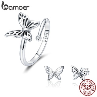 Bamoer 925 Conjunto De Joias De Prata Esterlina Anel E Brincos Padrão Borboleta Para Meninas Presentes