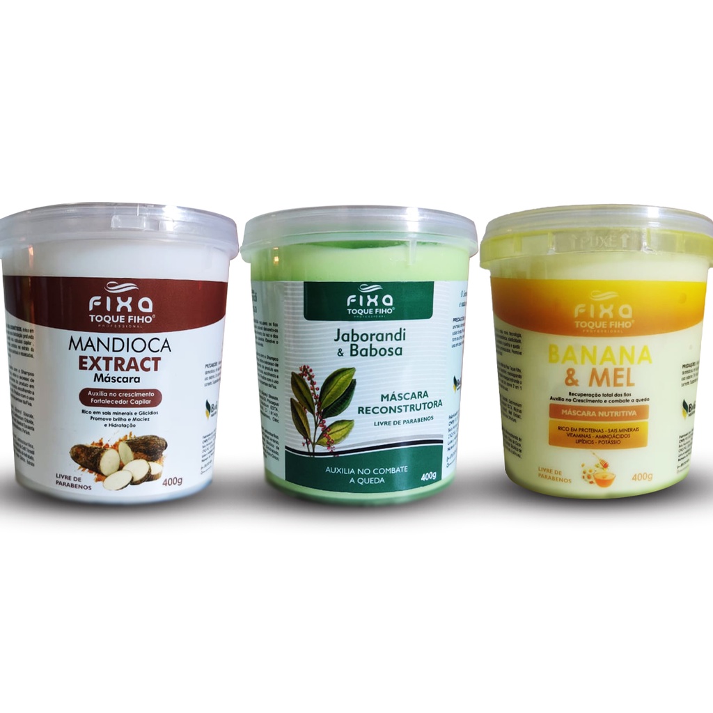 Kit Cronograma Capilar Completo 400g - 3 Produtos - Mandioca, Banana e mel e Jaborandi com Aloe Vera Babosa - Hidratação Nutrição e Reconstrução - Fixa Cosméticos