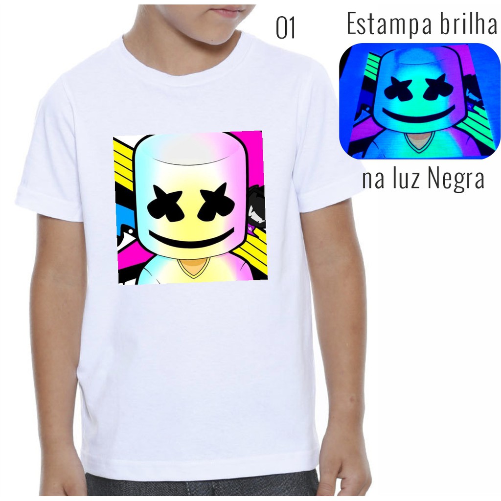 Camiseta branca Dj Marshmello Neon Estampa Brilha na Luz Negra neon party festa neon fluorescente balada