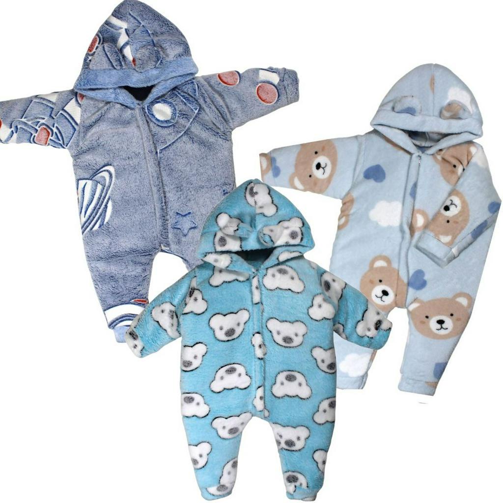 Kit 3 Peças Macacão Bebe Inverno Microfibra Com Capuz Menino