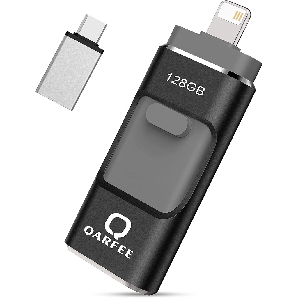 Black Qarfee Memoria USB 128 GB 4 en 1 Pendrive para iPhone iPad Android Computadoras Laptops Flash Drive USB 3.0 Expansión de Memoria Memory Stick 
