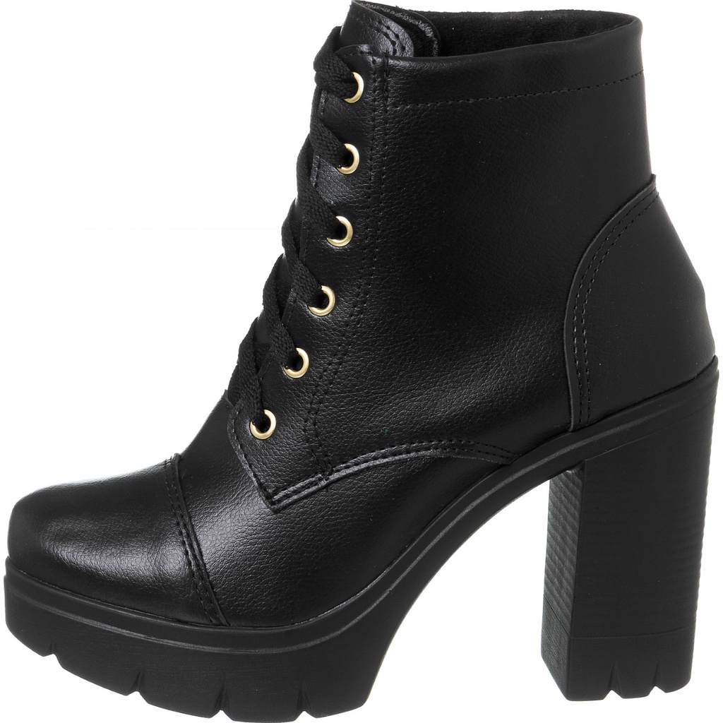 Coturno feminino bota macio salto alto cano médio plataforma tratorado sintético cadarço preto mulher