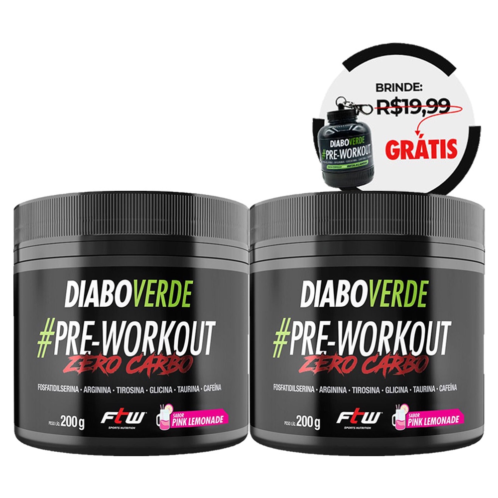 Kit 2 Pré Treino Diabo Verde Zero Carbo 200g + Whey Container Porta Pó - Ftw