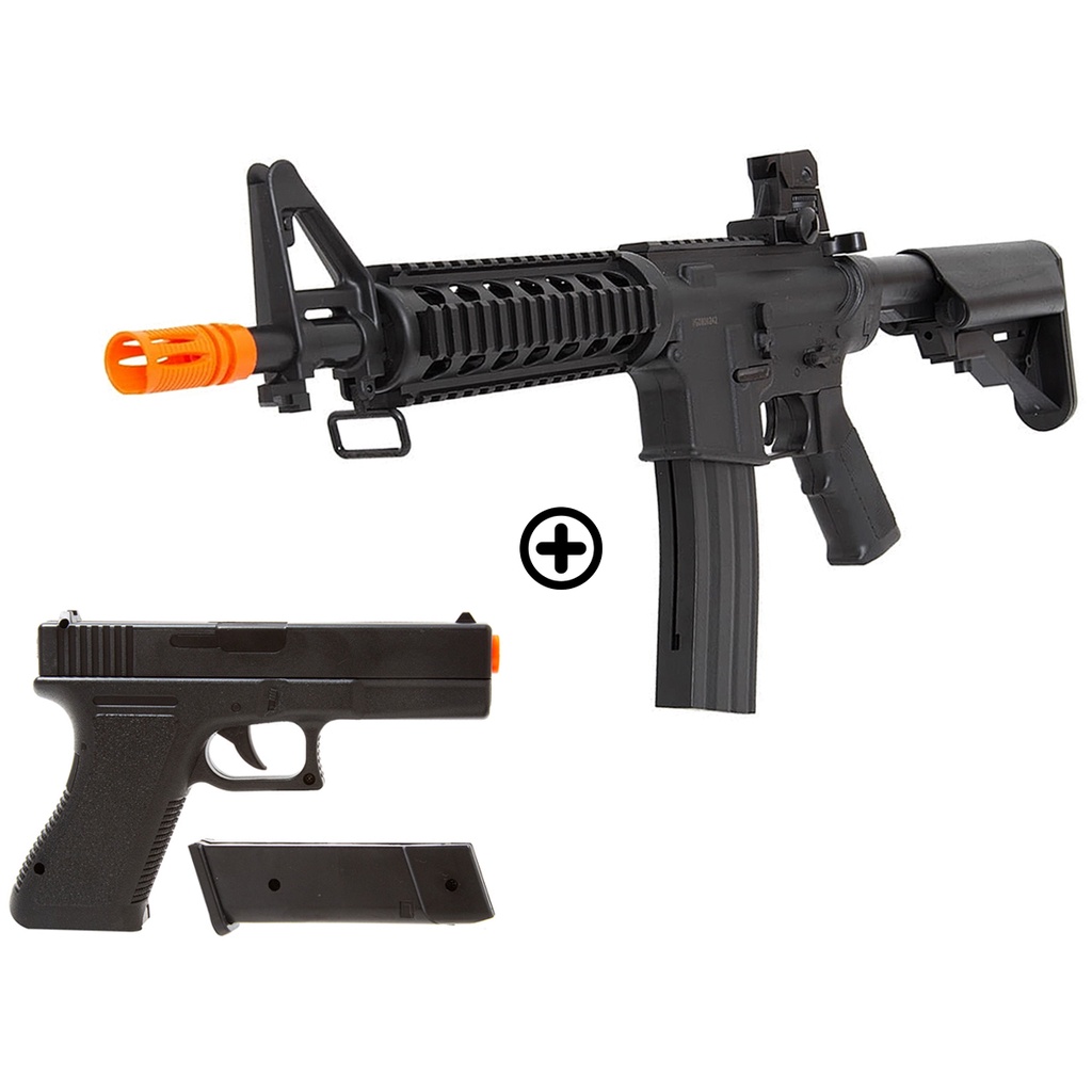 Rifle Airsoft Fuzil M4 Spring 6mm 180fps Coronha Rebatível Mais Pistola Airsoft Glock Vigor V307