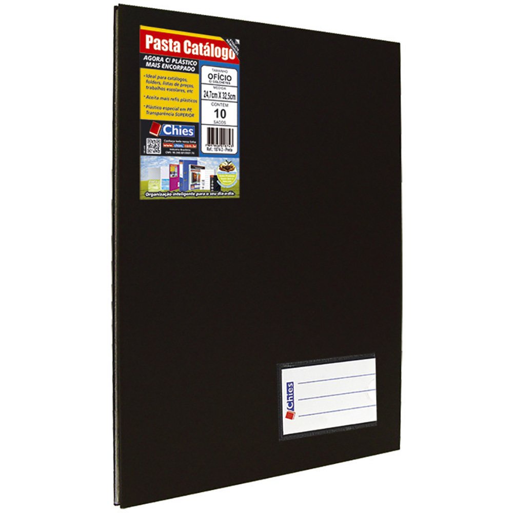 Pasta Catálogo Preta Capa Dura com Visor 10 Envelopes Plásticos Chies