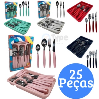 Jogo de Talheres em Aço Inox 25 Peças Faqueiro Kit Faca Garfo Colher com Porta Talheres de Gaveta