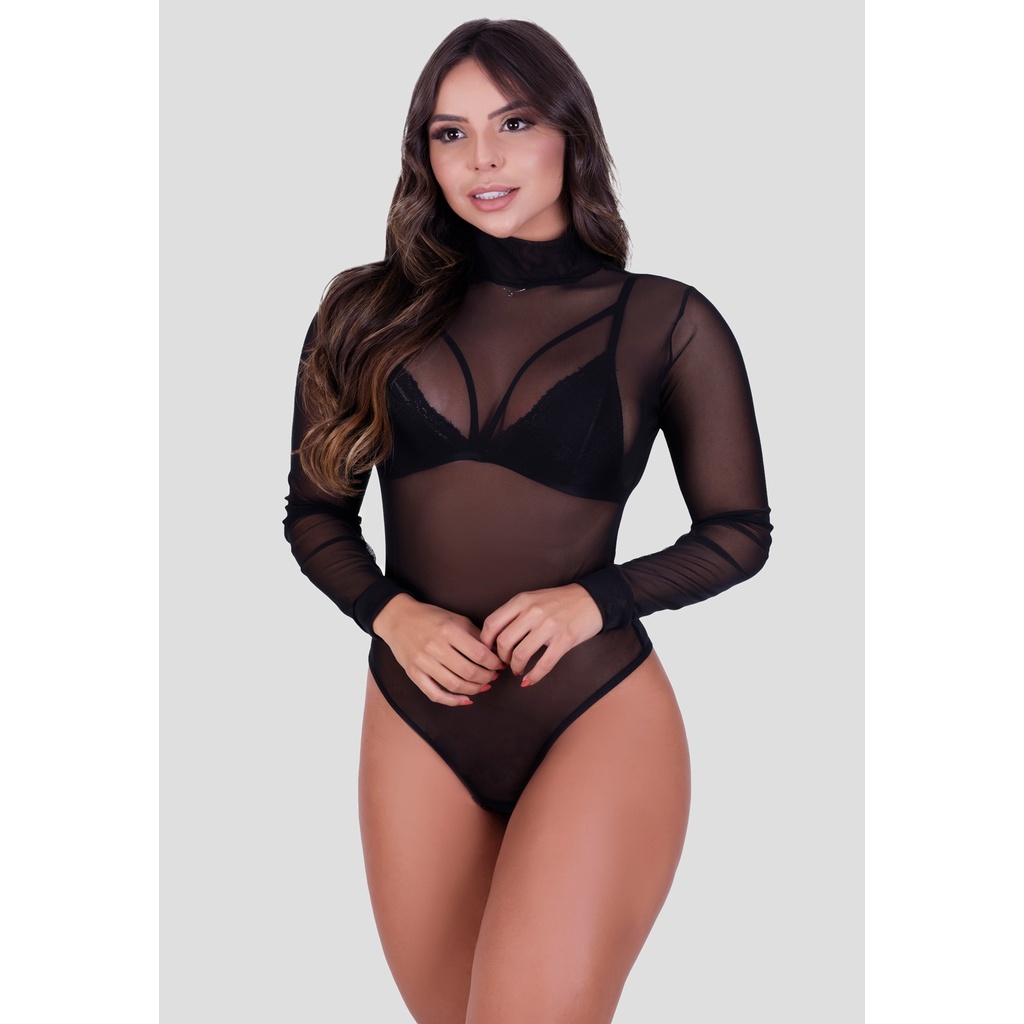 Body Feminino Tule Preto Manga Longa Gola Alta Inverno