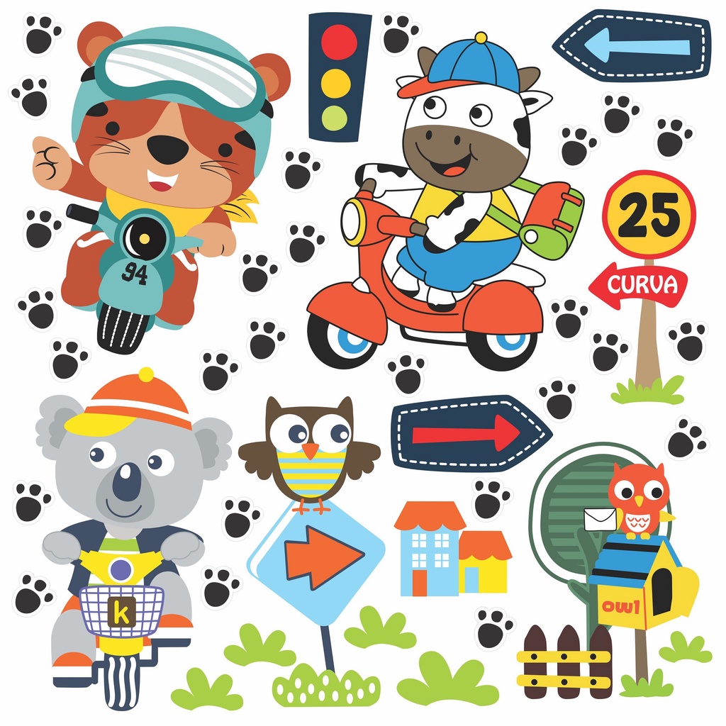 Adesivo Infantil Zoo Safari Lambreta Moto Transito Pista Patinhas Animais C107