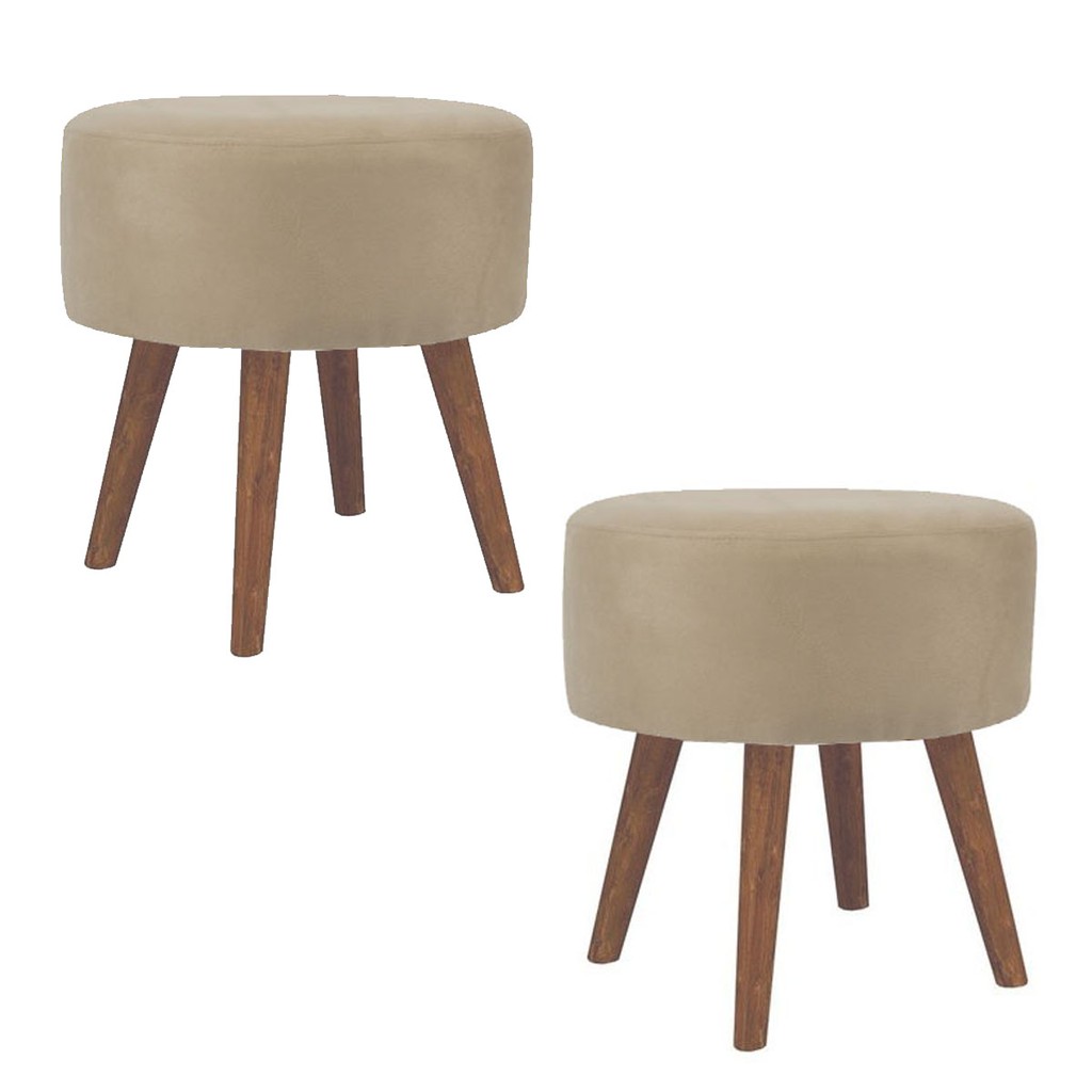 2 Puf, Puff Para Sala, Puff Redondo, Suede Bege/MARROM 4 pés Palito
