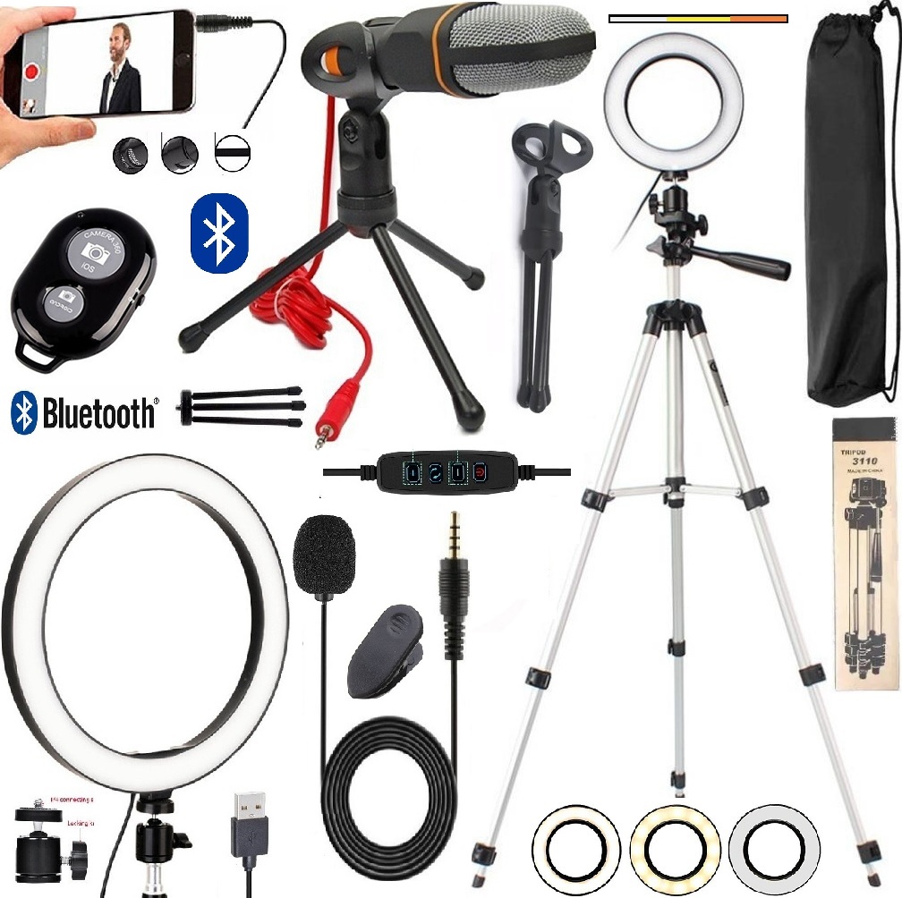 Kit Youtuber Microfone Condensador + Tripé Profissional De Celular Anel Led Iluminador Ring Light Gravação de Vídeo A