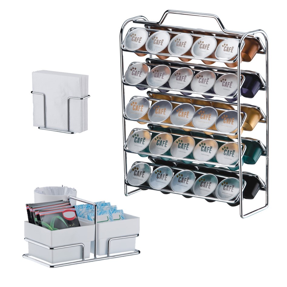 Kit Café 3 Peças Suporte 50 Cápsulas Nespresso Porta Guardanapos Sachês Cromado - Future