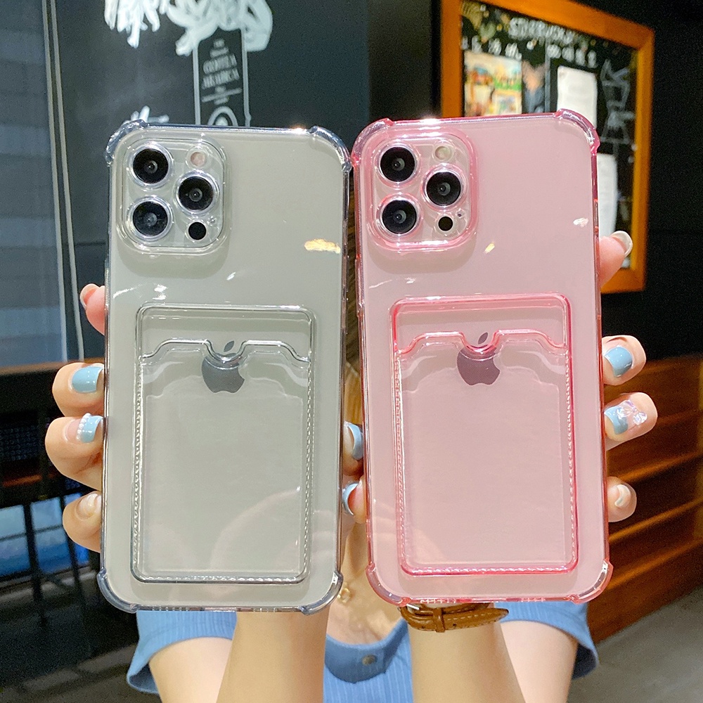 For iPhone 12 Shockproof Case For Apple 11 Pro Max X XR XS 7 8 Plus SE 2020 7plus 8plus iphone7 iphone8 iphone11 iphone12 11pro 12pro Card slot Clear Casing Mobile Phone Cover Silicone TPU Soft With Card Holder Anti shock Women Men Black Pink Transparent