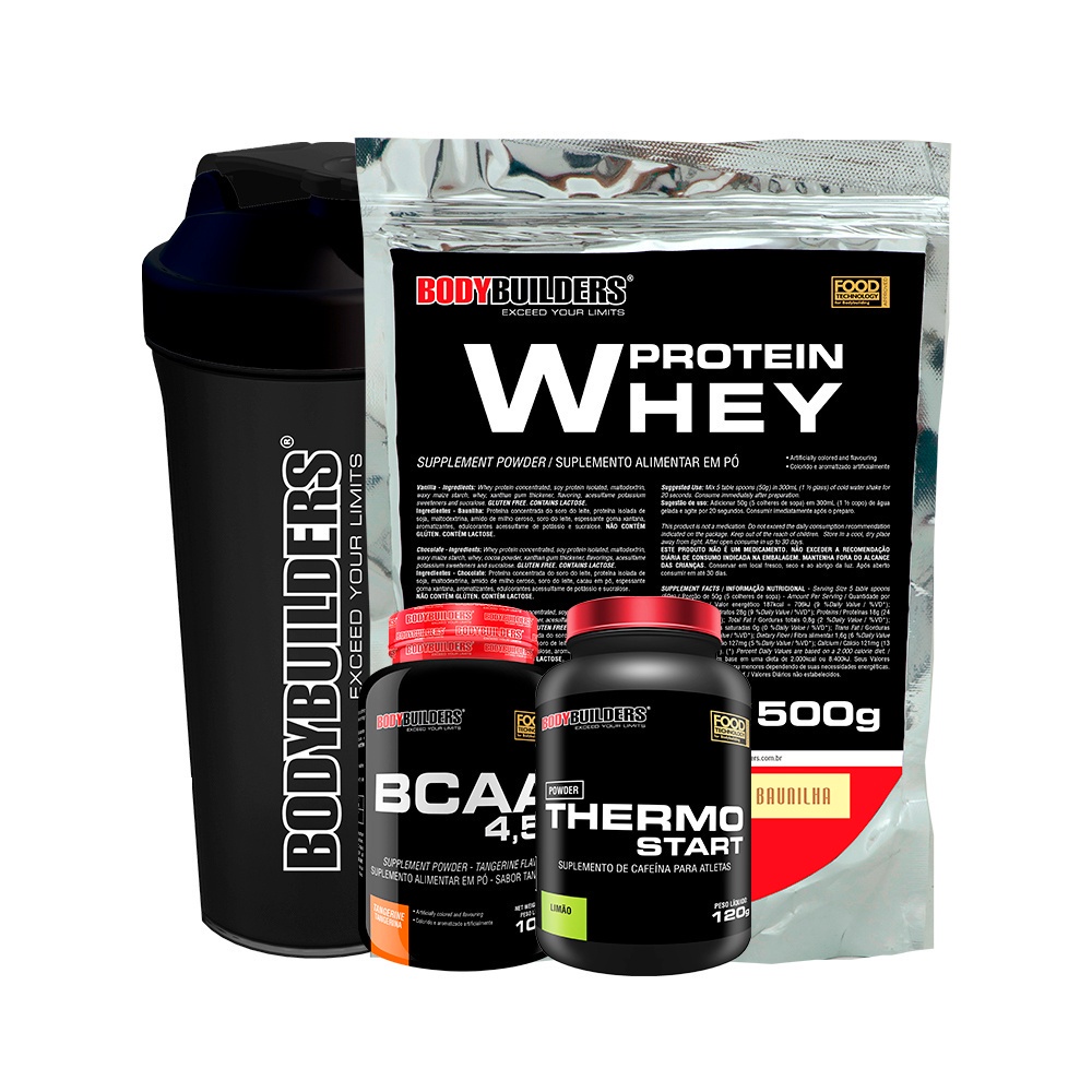 Kit Whey Protein Concentrado em Blend Proteico 35% 500g + BCAA 4,5 100g + Thermo Start 120g + Coqueteleira - Suplementos em Pó de Musculação - Bodybuilders
