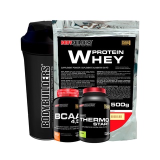 Kit Whey Protein Concentrado em Blend Proteico 35% 500g + BCAA 4,5 100g + Thermo Start 120g + Coqueteleira - Suplementos em Pó de Musculação - Bodybuilders