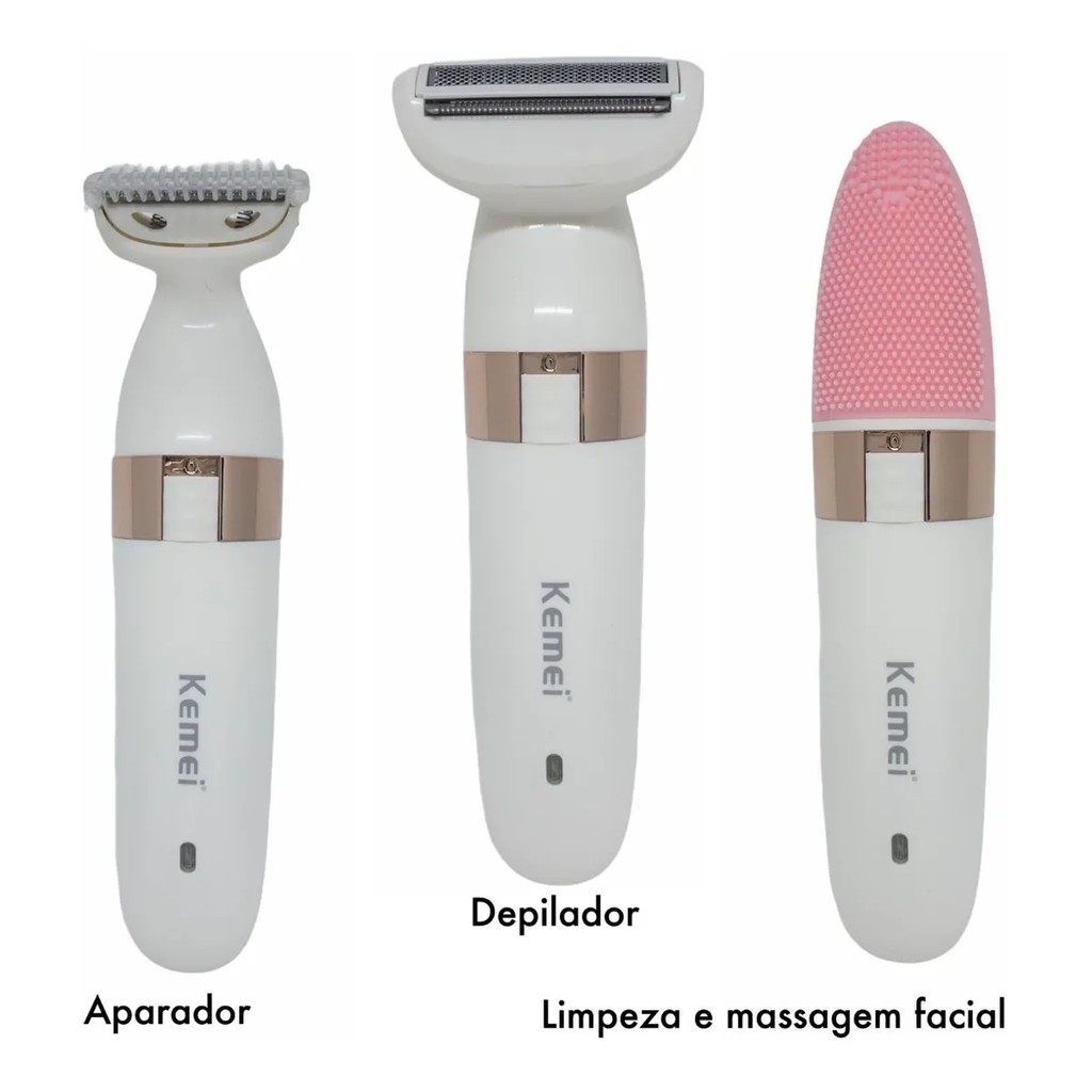 Depilador Elétrico 3 em 1 Aparador Limpeza Facial Feminino Kemei Bivolt