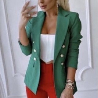Blazer Feminino Alfaiataria Poliéster Com Detalhe Bolso E Botão Dourado.