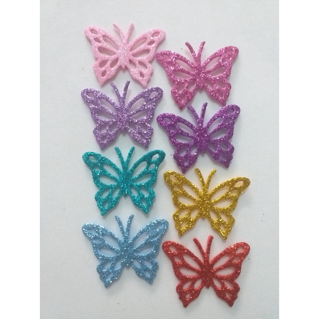 Borboleta Vazada Eva Glitter (emborrachado com brilho) 3,5 Cm Aplique para Bolo Fake 40 e 80 Unidades