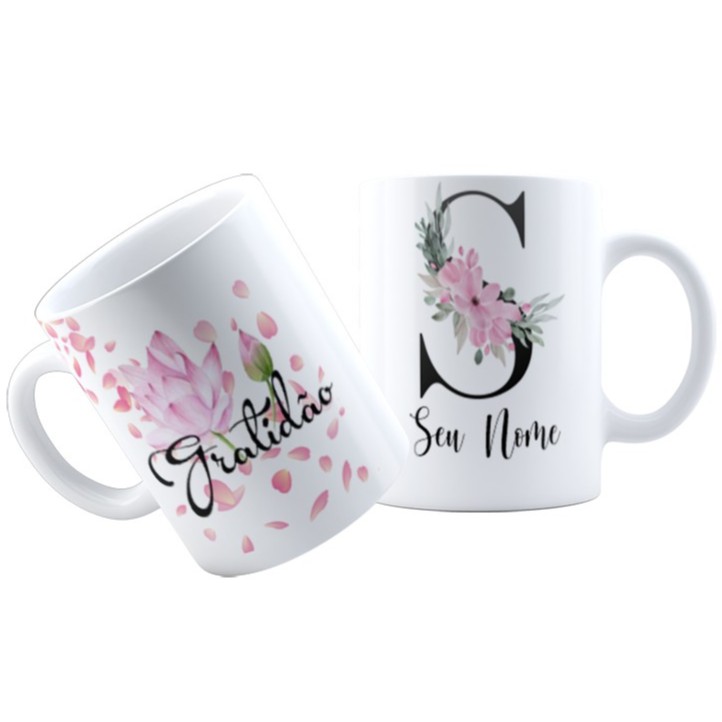 Caneca Personalizada com a Letra Inicial do Nome - Flor gratidão ...