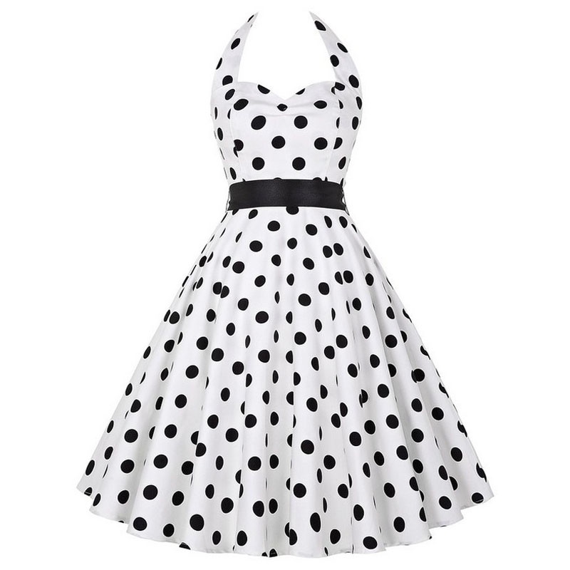 Vestido Feminino De Cabresto De Pescoço Polka Dot Print Uma Linha Vintage Midi Com Cinto em Oferta na Shopee