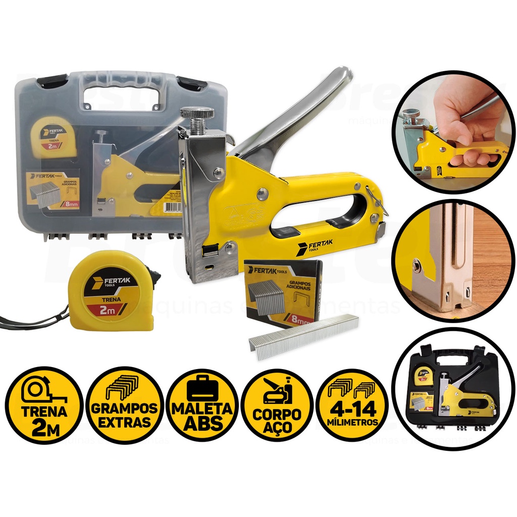 Grampeador Tapeçaria Manual C/ Maleta + Trena + 500 Grampos Fertak 8505 em Oferta na Shopee