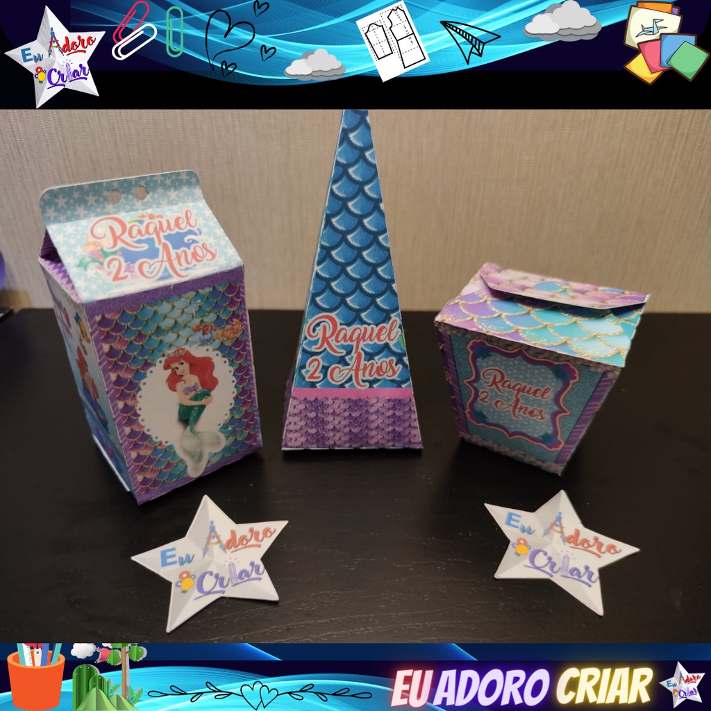 kit Caixinhas Personalizadas Pequena Sereia para a sua festa com o nome do Aniversariante. Tema Pequena Sereia Envie Nome e Idade após a compra.