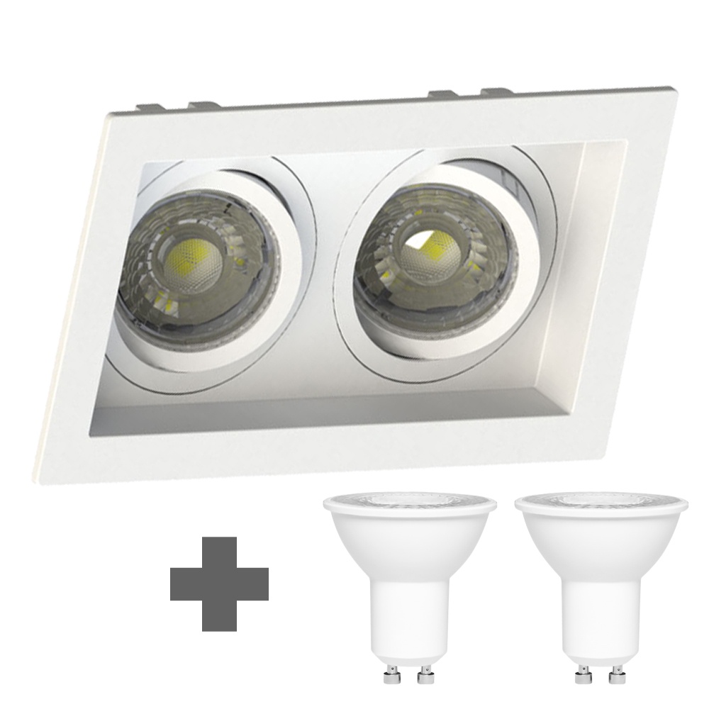 Spot Duplo Embutir Quadrado Recuado Mr16 Branco + Led Stella 6w 3000K