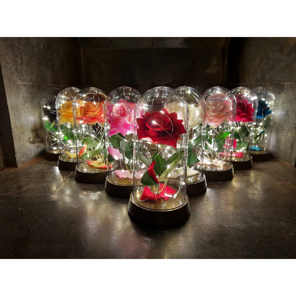 Luminária Cúpula Redoma G. 20 cm A Bela e A Fera / O Pequeno Príncipe com A Rosa Encantada Aveludada e Luzes de Fadas