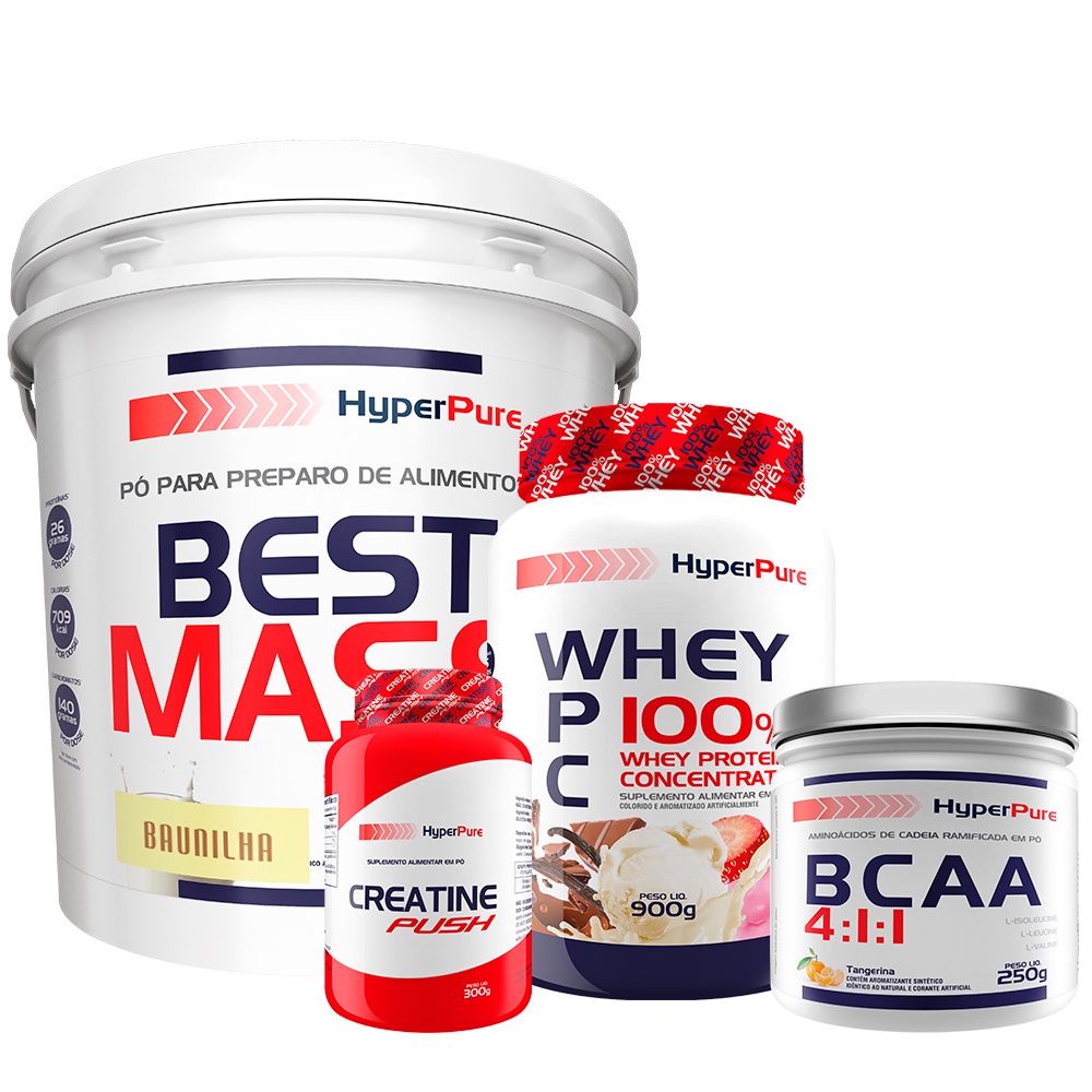 Kit 100% Whey Protein 900g + Hipercalórico Best Mass 6Kg + BCAA 250g Sabor Tangerina + Creatina 300g - Hyperpure Kit para aumento e recuperação da massa muscular