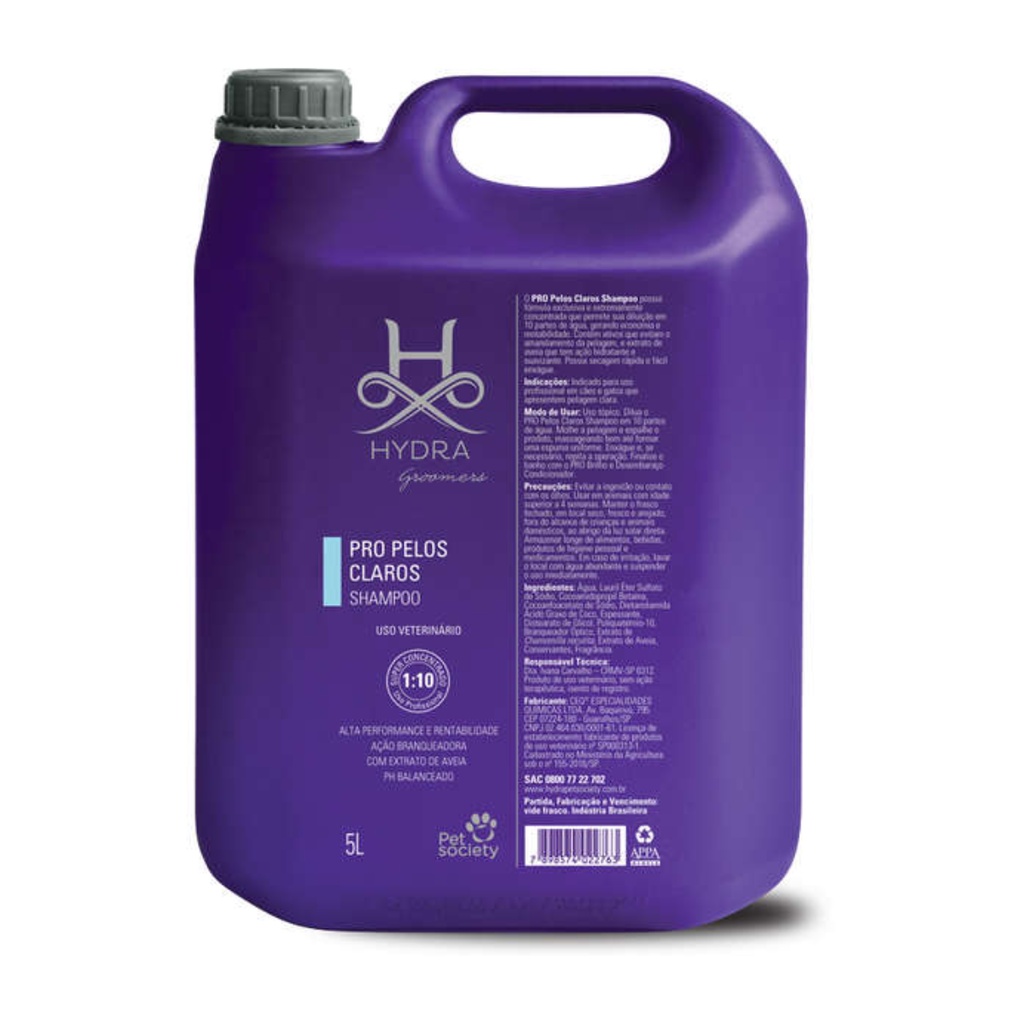 Shampoo Pet Society Hydra Pro Pelos Claros 5 Litros Groomers Profissional Branqueador Para Cachorros e Gatos - Pets