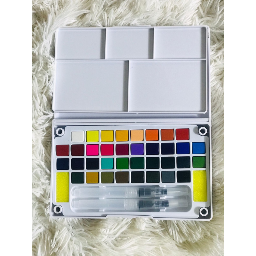 Promoção KIT tinta profissional de 36 cores de tinta aquarela sólida com kit de 2 pincéis de tinta, caixa portátil, profissional, iniciantes, estudantes, pintura artística, bloco de ferramentas Aquarela em Pastilha 36 cores Pocket Box