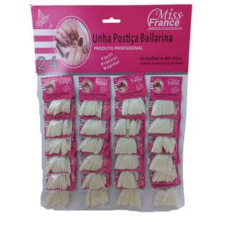 Cartela de Unhas Postiças Bailarina, 24 Pacotes com 24 unidades - Miss France.