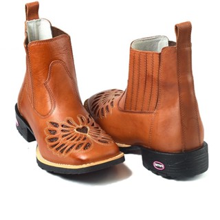Bota Botina Texana Country Feminina Laser Bordado Couro Legítimo em Oferta na Shopee