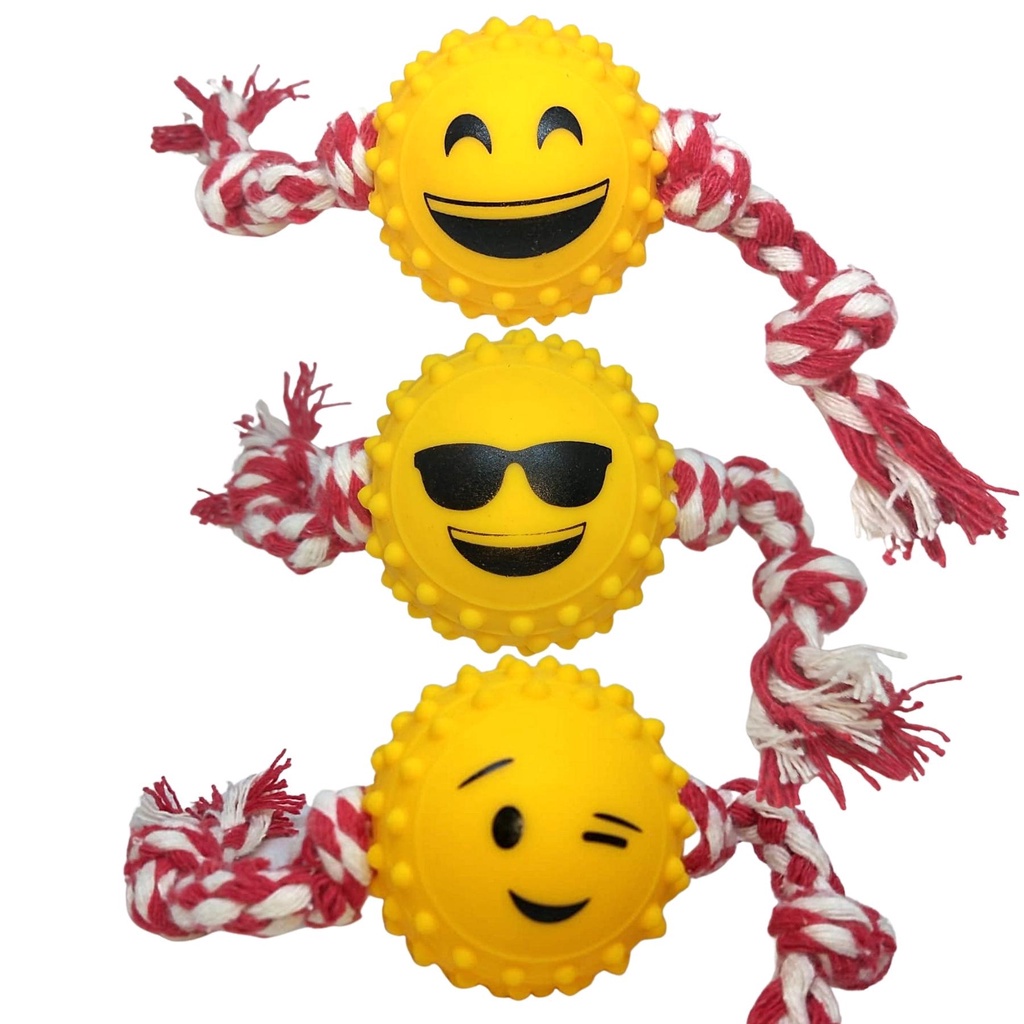 KIT 03 Brinquedos Mordedor BOLINHA CRAVO EMOJI COM CORDA em Oferta na Shopee