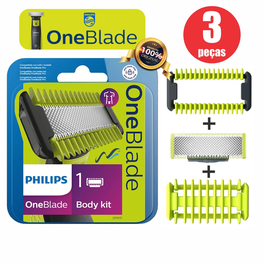 Kit Lamina refil Oneblade Pente One blade Philips Para O Corpo Pente Para Áreas Sensíveis One Blade Body Kit QP610 QP610/50