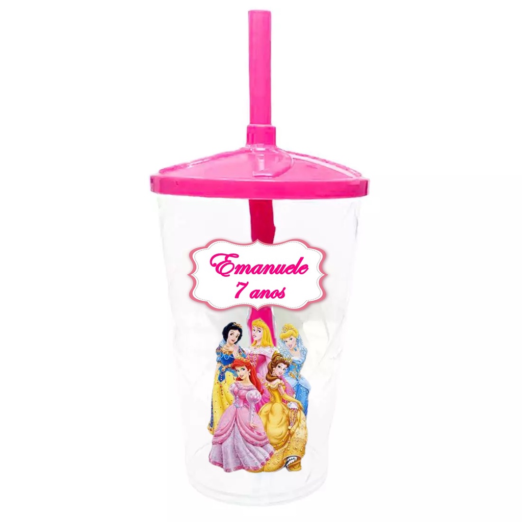 30 Copos Twister Shake Personalizado 400ml C/Tampa e Canudo Lembrancinha Princesas Disney