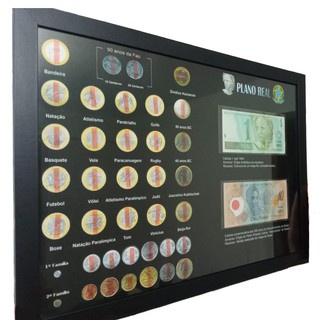 uadro Expositor Coleção Moedas Comemorativas Plano Real Cédulas 10 reais polimero e nota 1 real