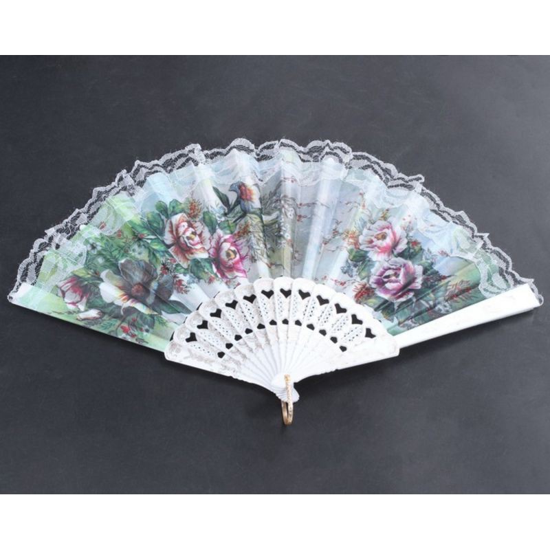 Leque Espanhol Tecido Floral com Renda/ Branco e Preto em Oferta na Shopee